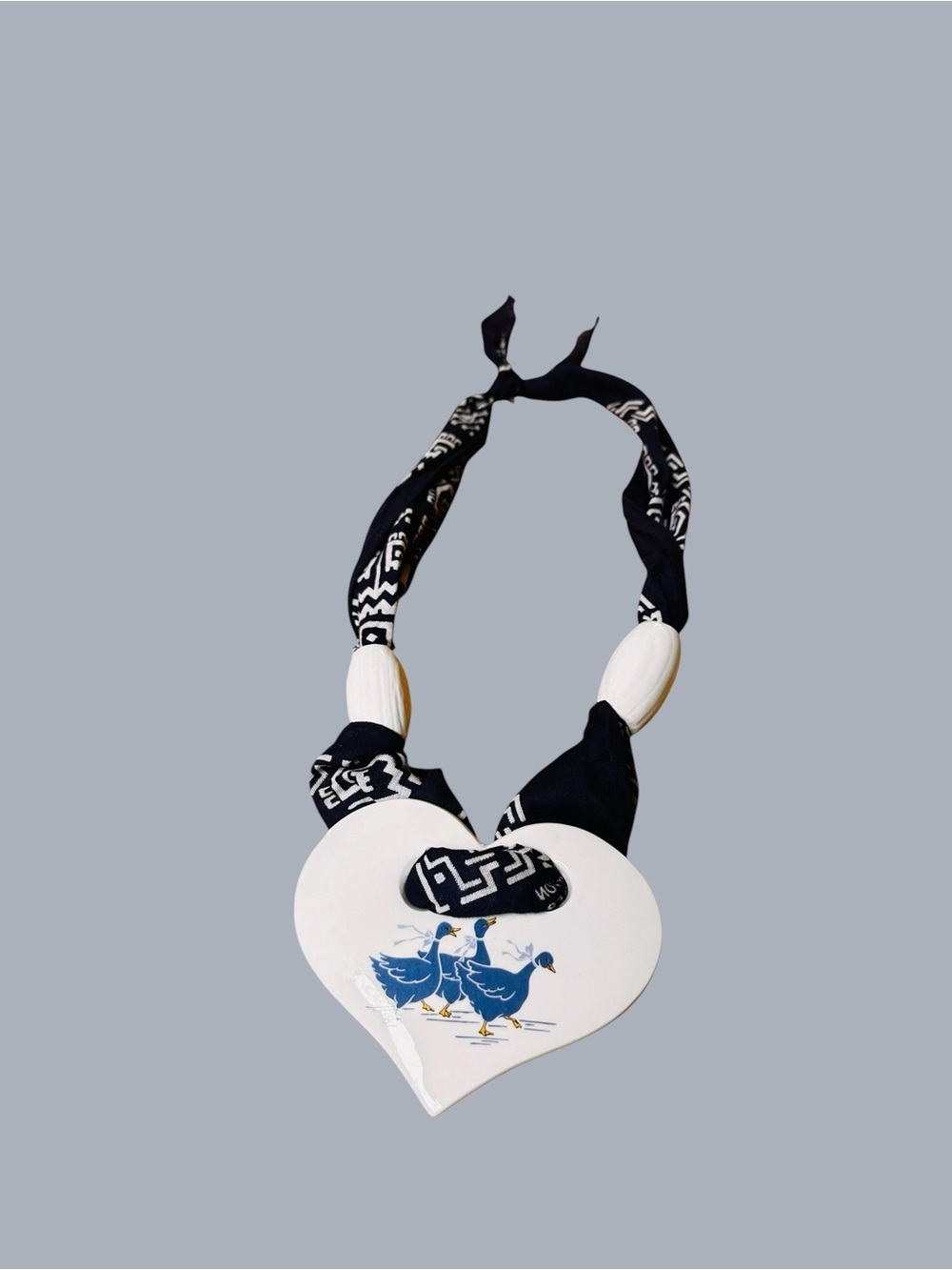 Handmade Blue Bandana White Ceramic Heart W/ Ducks 11” Necklace USA Made